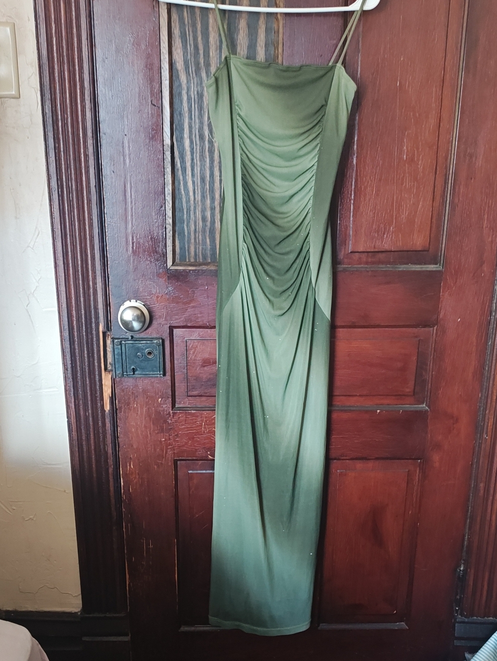 Y2K Whimsigoth Olive Green Bunched Spaghetti Strap Dress - Women